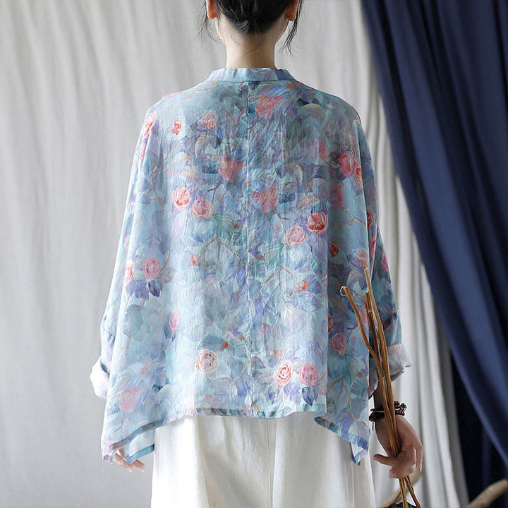 Buddha Stones Pink Flowers Green Leaves Print Frog-button Design Long Sleeve Ramie Linen Jacket Shirt