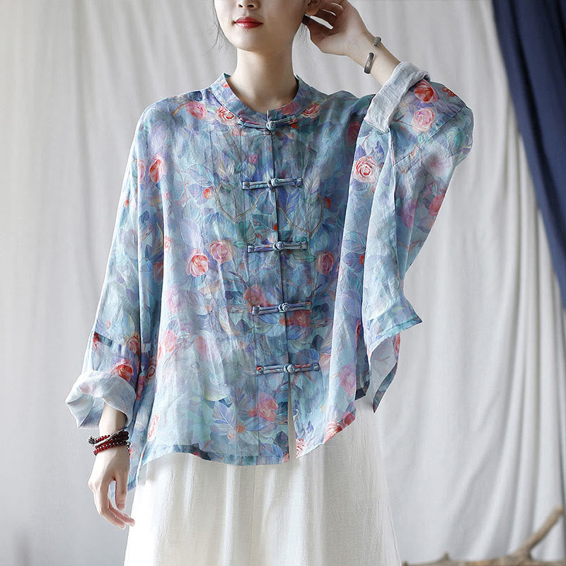 Buddha Stones Pink Flowers Green Leaves Print Frog-button Design Long Sleeve Ramie Linen Jacket Shirt - image 20