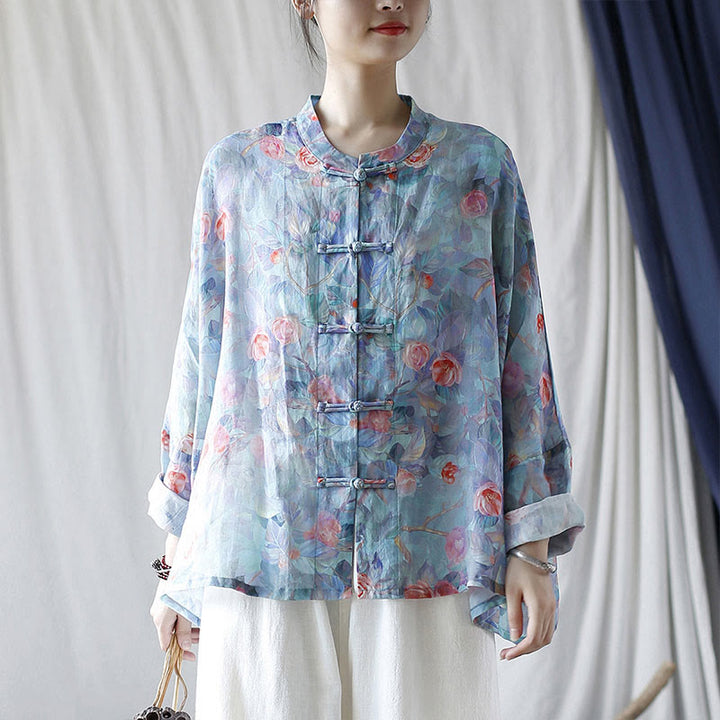 Buddha Stones Pink Flowers Green Leaves Print Frog-button Design Long Sleeve Ramie Linen Jacket Shirt - Blue(Fit for US4-14; UK/AU8-18; EU36-46)(Jacket Only) - image 0