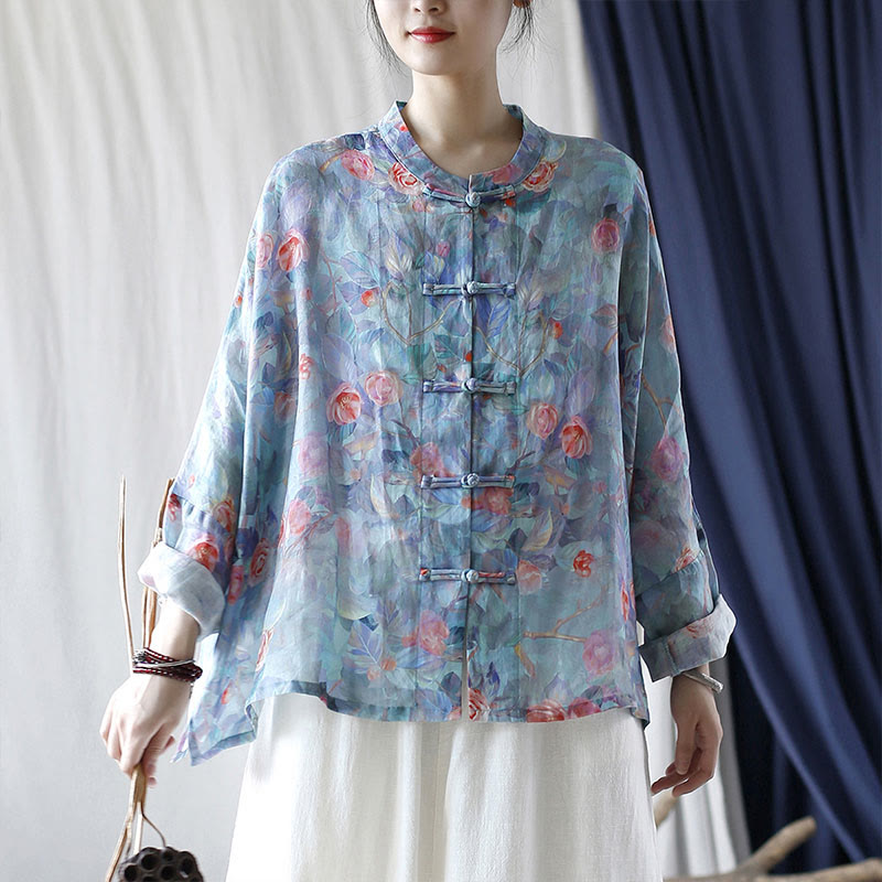 Buddha Stones Pink Flowers Green Leaves Print Frog-button Design Long Sleeve Ramie Linen Jacket Shirt