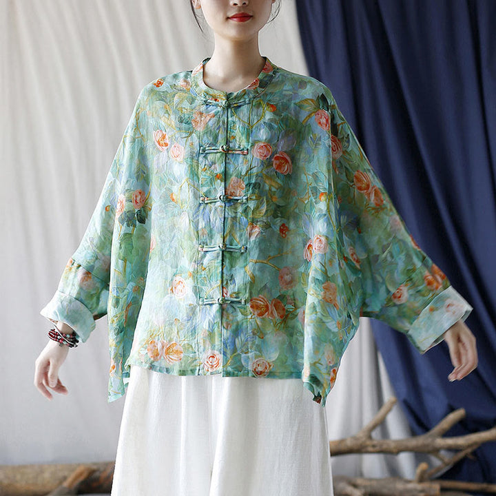 Buddha Stones Pink Flowers Green Leaves Print Frog-button Design Long Sleeve Ramie Linen Jacket Shirt