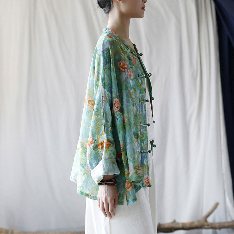 Buddha Stones Pink Flowers Green Leaves Print Frog-button Design Long Sleeve Ramie Linen Jacket Shirt