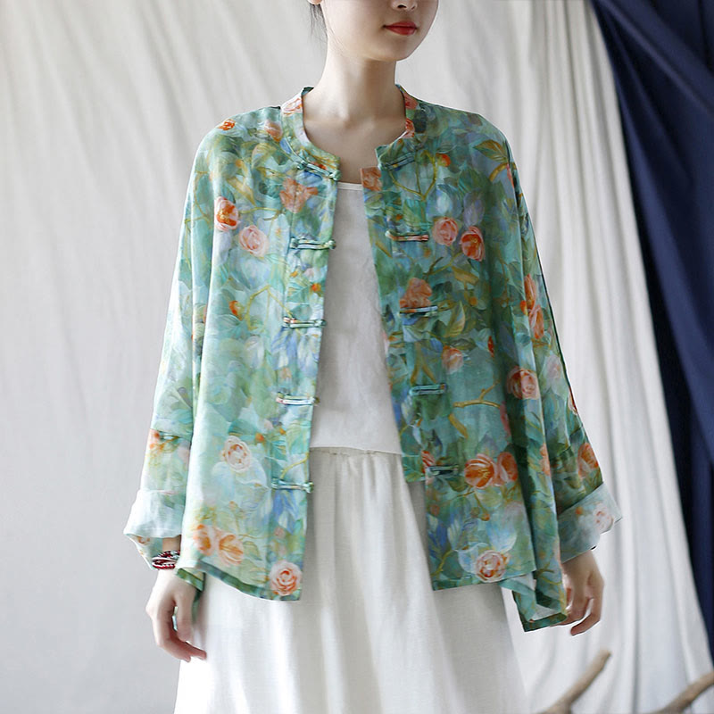 Buddha Stones Pink Flowers Green Leaves Print Frog-button Design Long Sleeve Ramie Linen Jacket Shirt