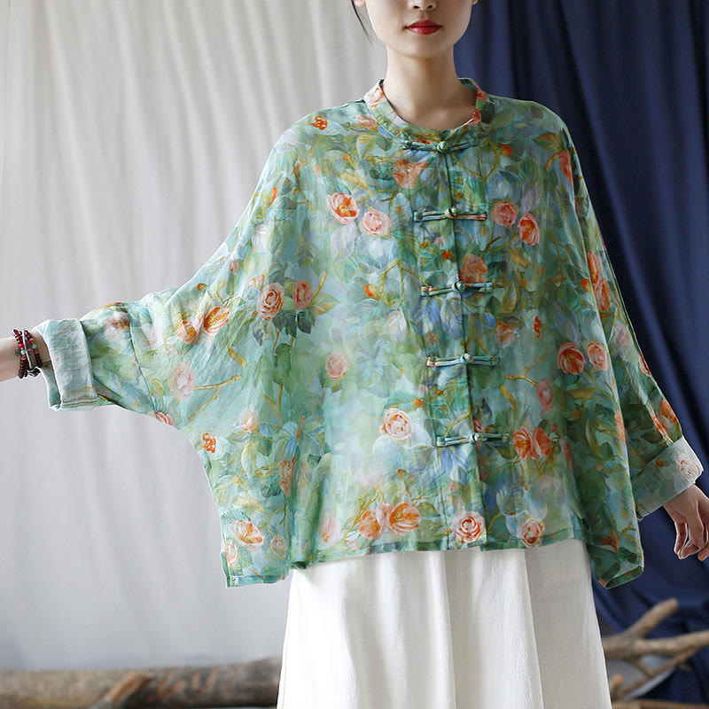 Buddha Stones Pink Flowers Green Leaves Print Frog-button Design Long Sleeve Ramie Linen Jacket Shirt - image 43