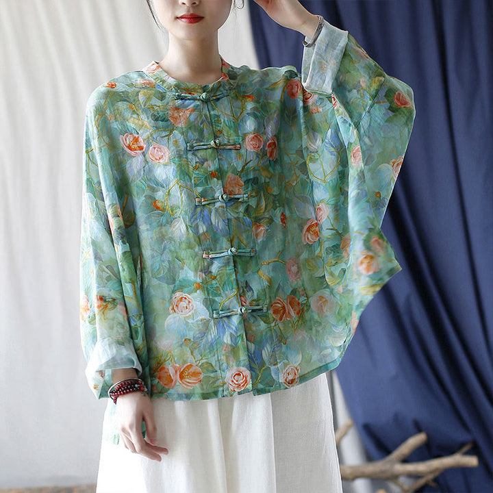 Buddha Stones Pink Flowers Green Leaves Print Frog-button Design Long Sleeve Ramie Linen Jacket Shirt - image 42