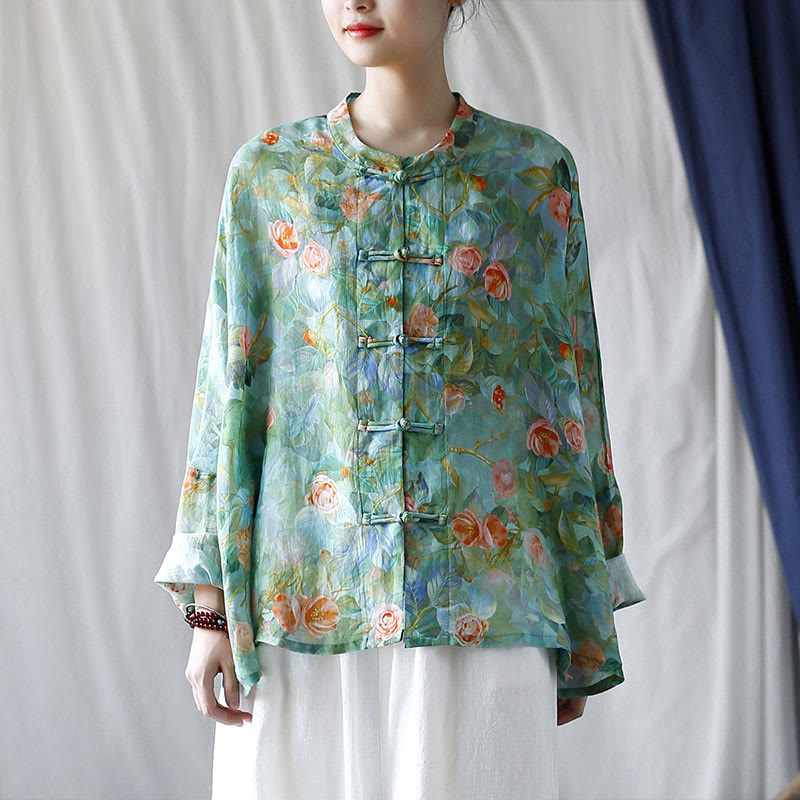 Buddha Stones Pink Flowers Green Leaves Print Frog-button Design Long Sleeve Ramie Linen Jacket Shirt