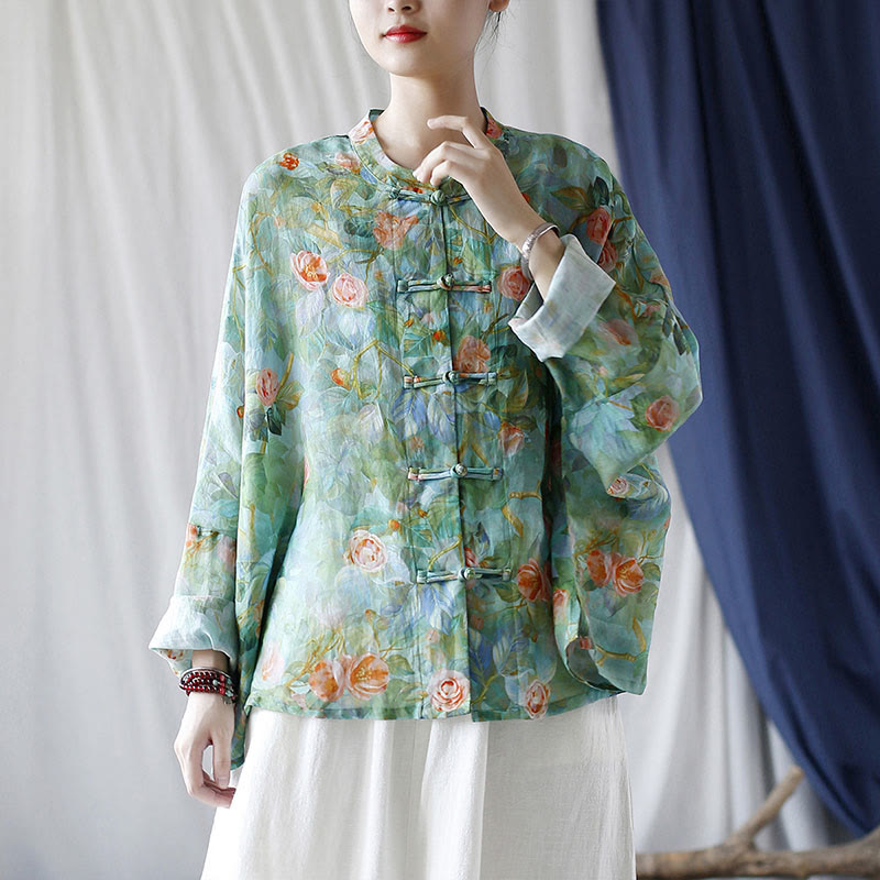 Buddha Stones Pink Flowers Green Leaves Print Frog-button Design Long Sleeve Ramie Linen Jacket Shirt