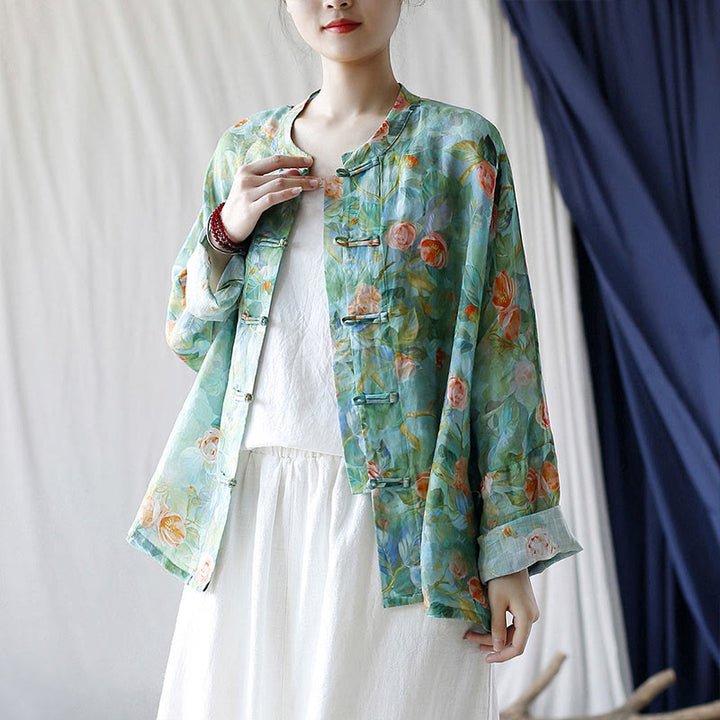 Buddha Stones Pink Flowers Green Leaves Print Frog-button Design Long Sleeve Ramie Linen Jacket Shirt