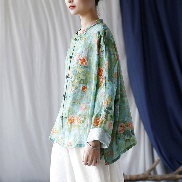 Buddha Stones Pink Flowers Green Leaves Print Frog-button Design Long Sleeve Ramie Linen Jacket Shirt