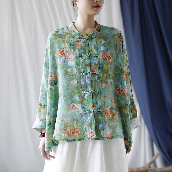 Buddha Stones Pink Flowers Green Leaves Print Frog-button Design Long Sleeve Ramie Linen Jacket Shirt