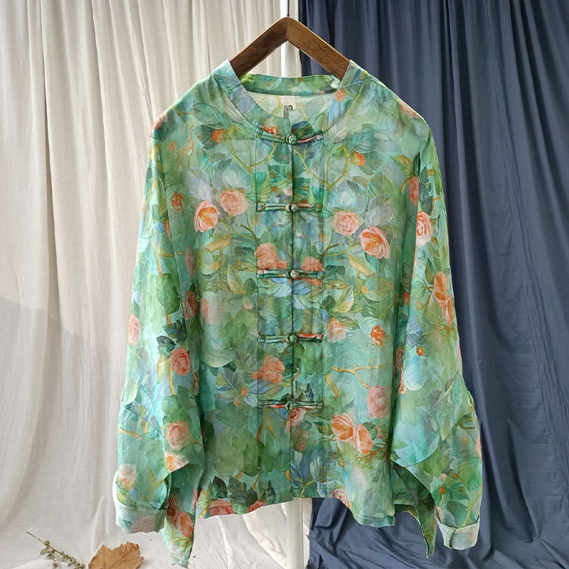 Buddha Stones Pink Flowers Green Leaves Print Frog-button Design Long Sleeve Ramie Linen Jacket Shirt