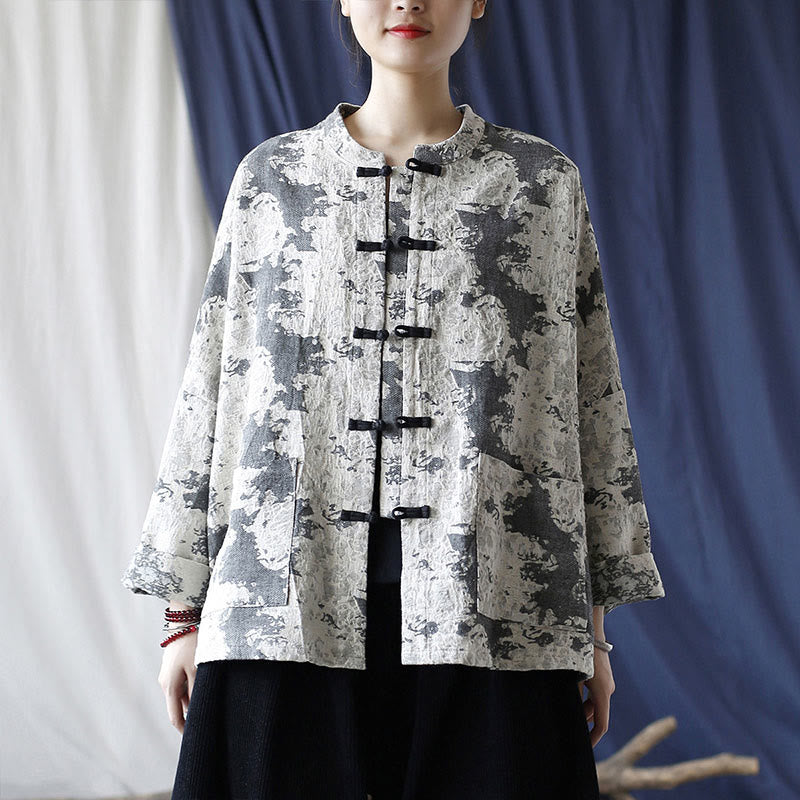 Buddha Stones Black Gray Print Frog-button Design Long Sleeve Cotton Linen Jacket Shirt With Pockets