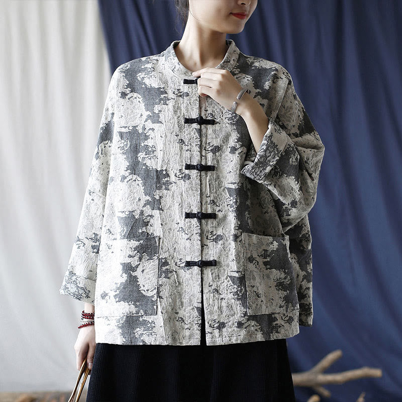 Buddha Stones Black Gray Print Frog-button Design Long Sleeve Cotton Linen Jacket Shirt With Pockets