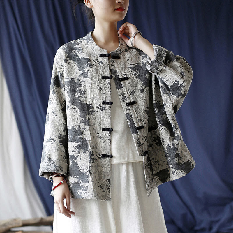 Buddha Stones Black Gray Print Frog-button Design Long Sleeve Cotton Linen Jacket Shirt With Pockets