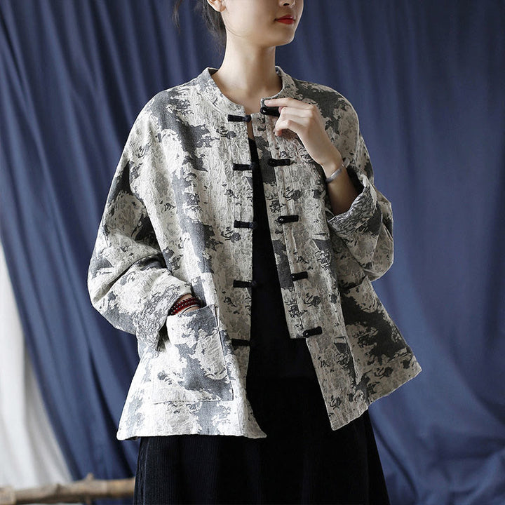 Buddha Stones Black Gray Print Frog-button Design Long Sleeve Cotton Linen Jacket Shirt With Pockets - image 25