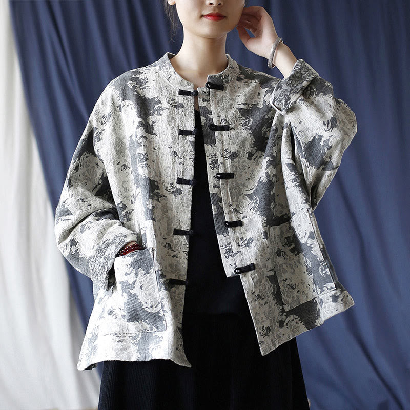 Buddha Stones Black Gray Print Frog-button Design Long Sleeve Cotton Linen Jacket Shirt With Pockets