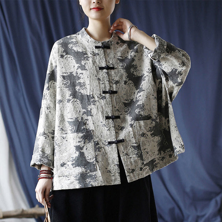 Buddha Stones Black Gray Print Frog-button Design Long Sleeve Cotton Linen Jacket Shirt With Pockets - image 28