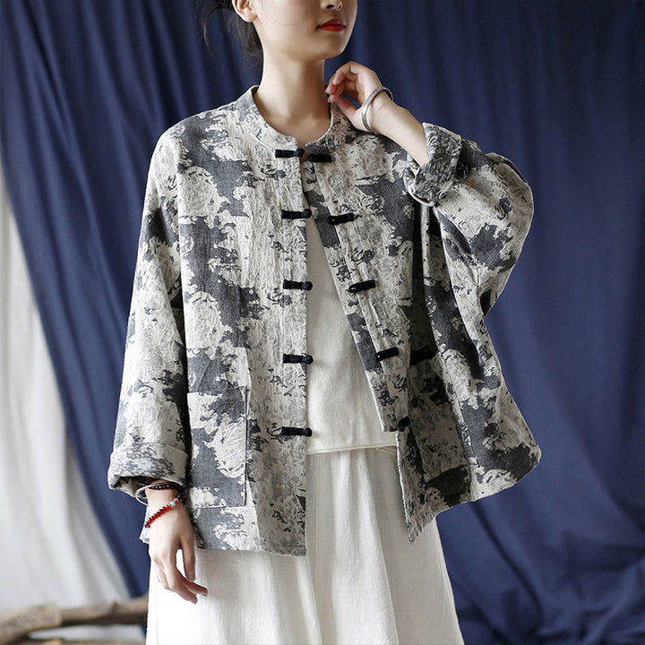 Buddha Stones Black Gray Print Frog-button Design Long Sleeve Cotton Linen Jacket Shirt With Pockets - image 29
