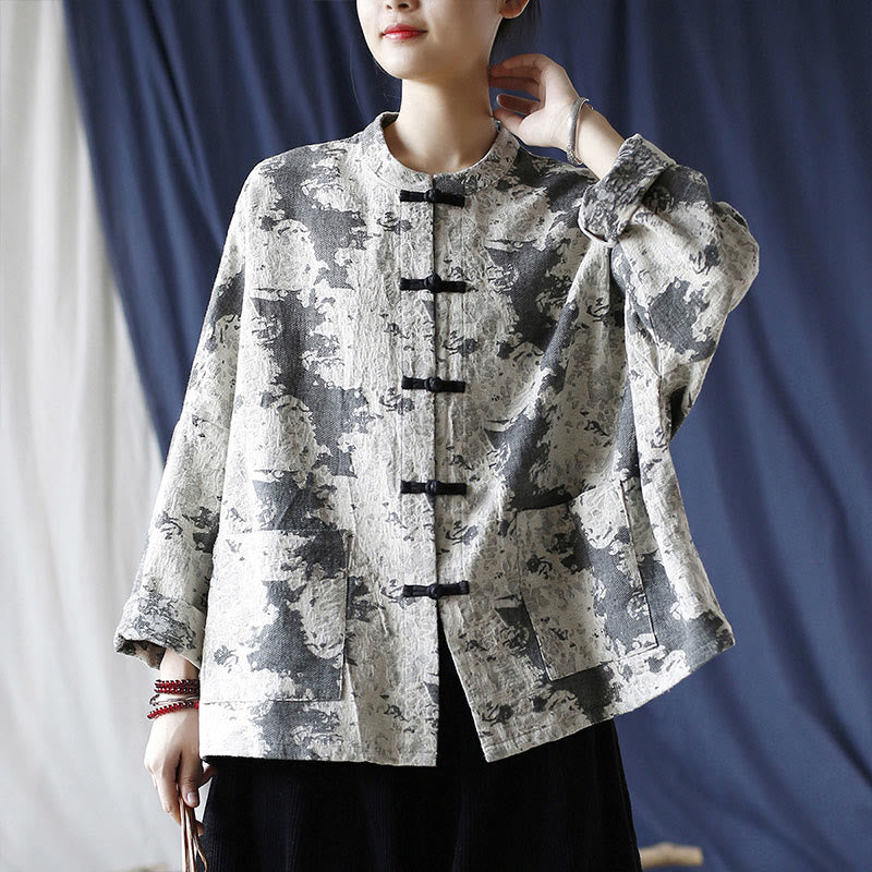 Buddha Stones Black Gray Print Frog-button Design Long Sleeve Cotton Linen Jacket Shirt With Pockets