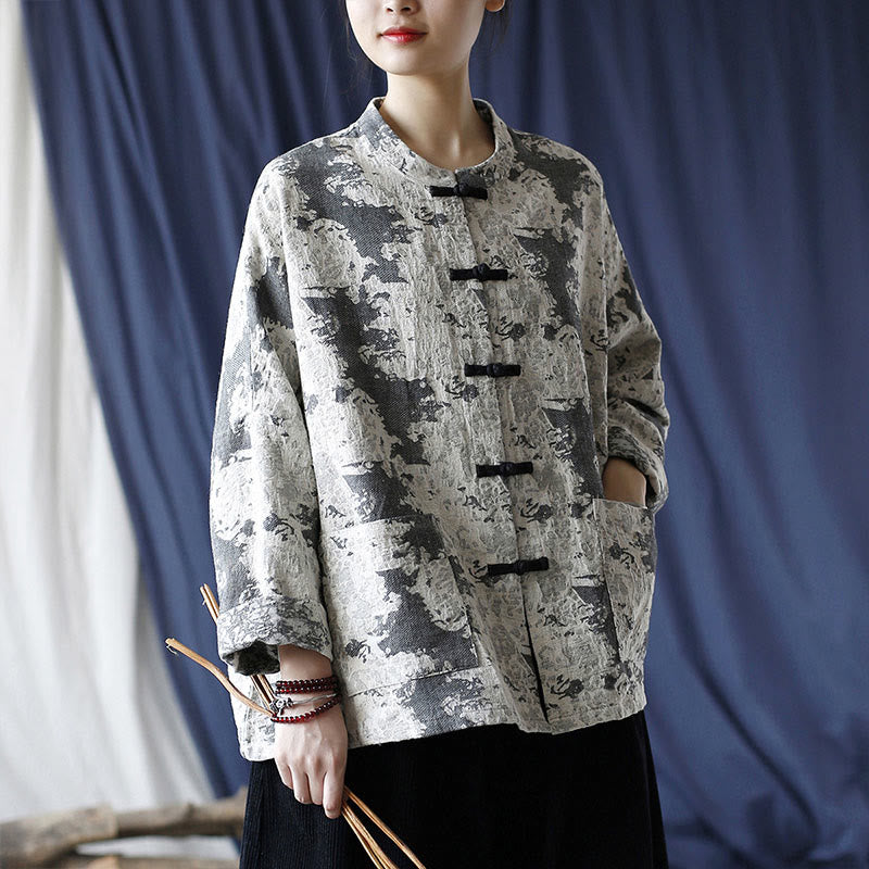 Buddha Stones Black Gray Print Frog-button Design Long Sleeve Cotton Linen Jacket Shirt With Pockets