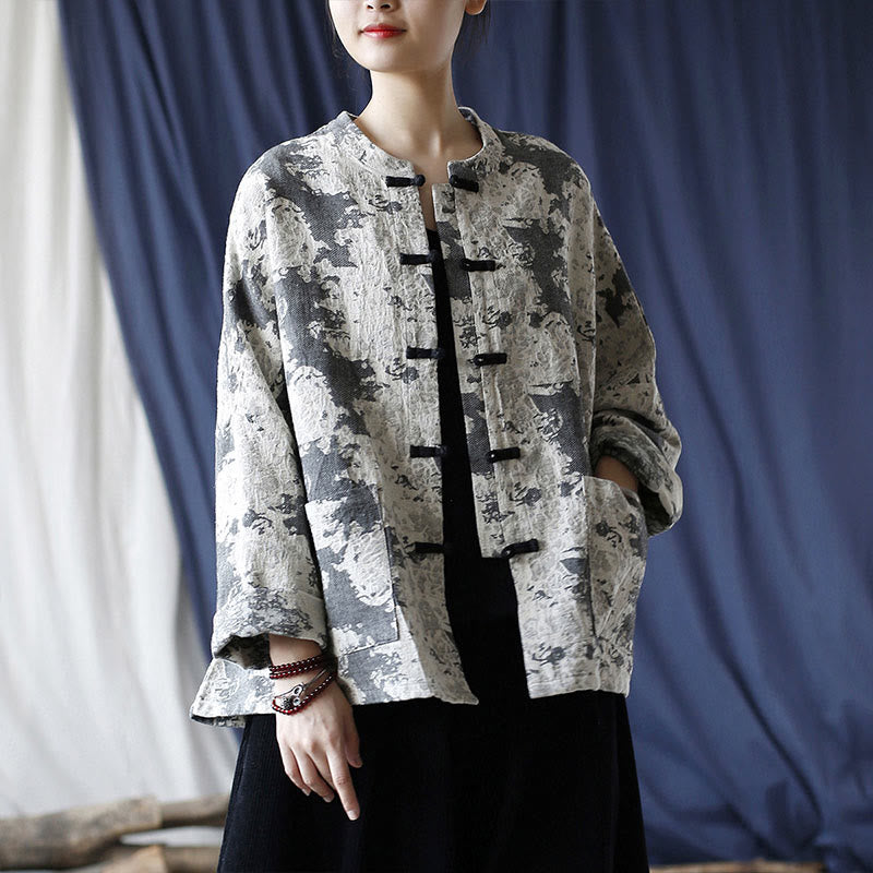 Buddha Stones Black Gray Print Frog-button Design Long Sleeve Cotton Linen Jacket Shirt With Pockets