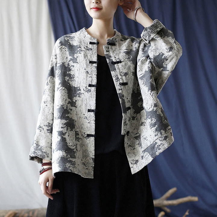 Buddha Stones Black Gray Print Frog-button Design Long Sleeve Cotton Linen Jacket Shirt With Pockets