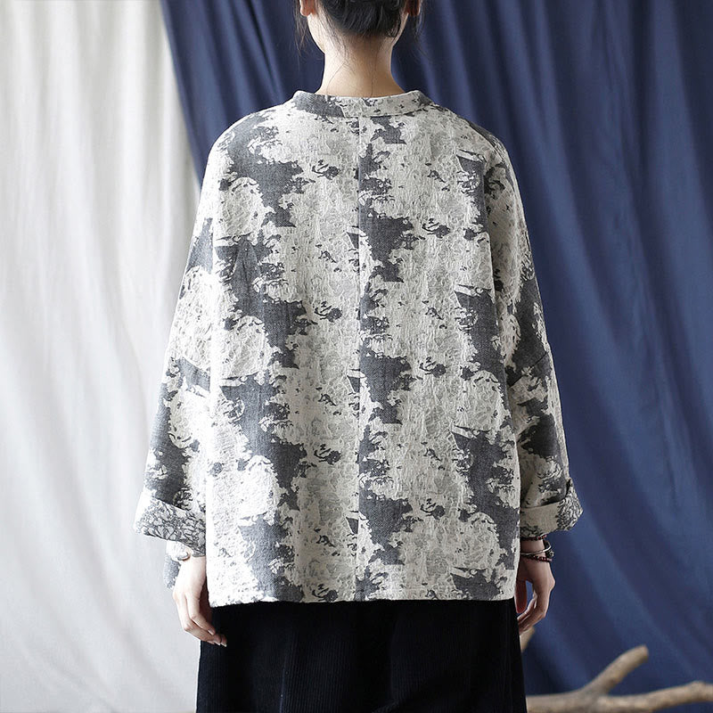 Buddha Stones Black Gray Print Frog-button Design Long Sleeve Cotton Linen Jacket Shirt With Pockets - image 2