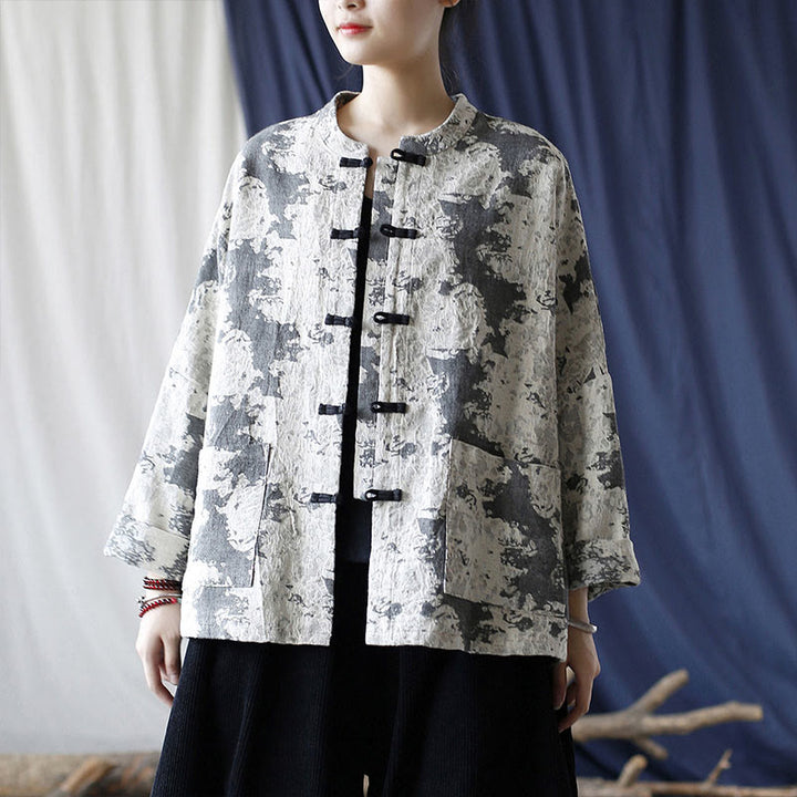 Buddha Stones Black Gray Print Frog-button Design Long Sleeve Cotton Linen Jacket Shirt With Pockets - image 5
