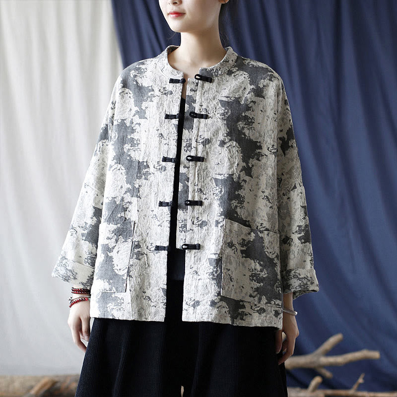 Buddha Stones Black Gray Print Frog-button Design Long Sleeve Cotton Linen Jacket Shirt With Pockets