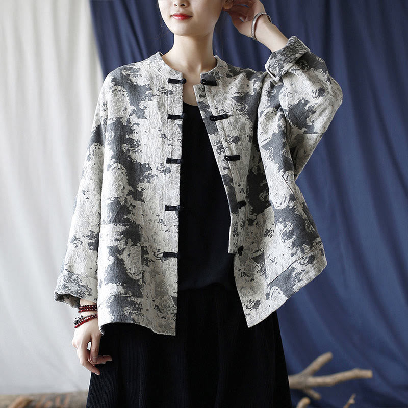 Buddha Stones Black Gray Print Frog-button Design Long Sleeve Cotton Linen Jacket Shirt With Pockets