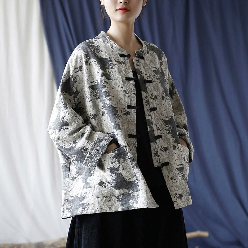 Buddha Stones Black Gray Print Frog-button Design Long Sleeve Cotton Linen Jacket Shirt With Pockets - image 22