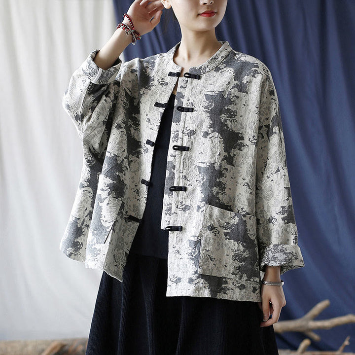 Buddha Stones Black Gray Print Frog-button Design Long Sleeve Cotton Linen Jacket Shirt With Pockets