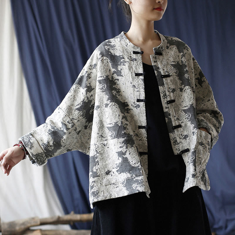 Buddha Stones Black Gray Print Frog-button Design Long Sleeve Cotton Linen Jacket Shirt With Pockets