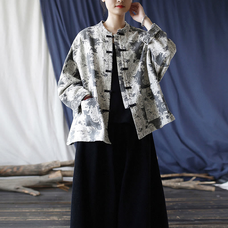 Buddha Stones Black Gray Print Frog-button Design Long Sleeve Cotton Linen Jacket Shirt With Pockets - image 38