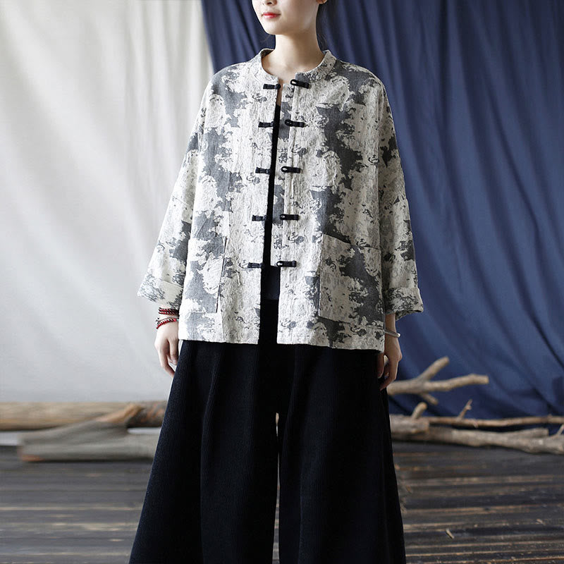 Buddha Stones Black Gray Print Frog-button Design Long Sleeve Cotton Linen Jacket Shirt With Pockets - image 36