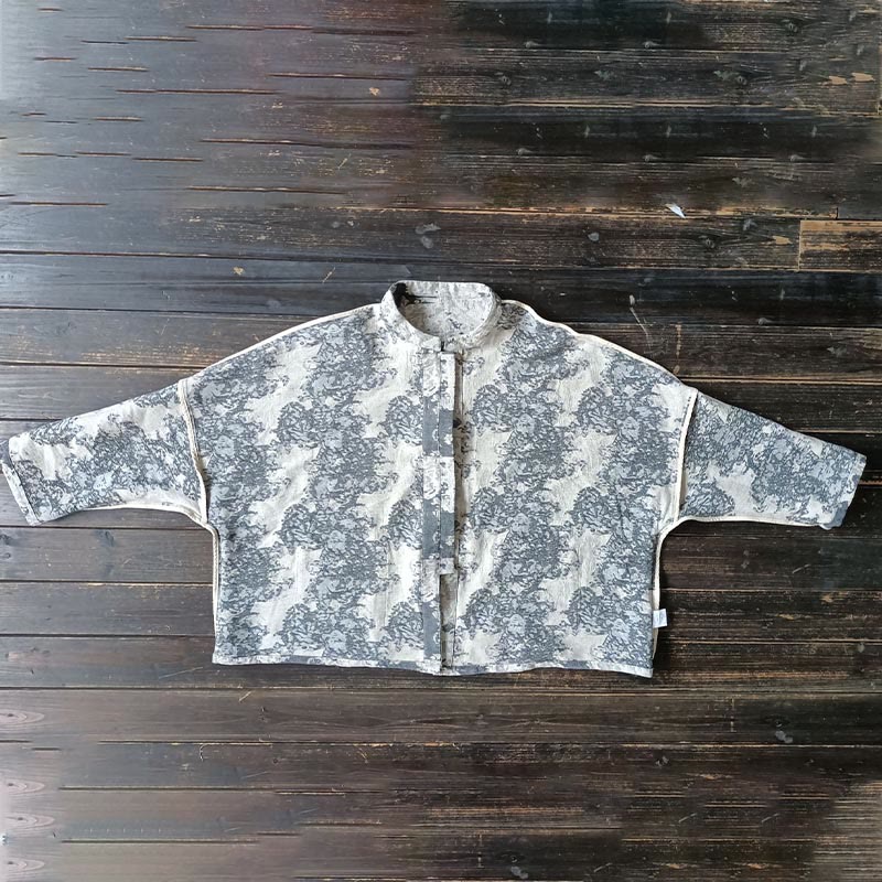 Buddha Stones Black Gray Print Frog-button Design Long Sleeve Cotton Linen Jacket Shirt With Pockets - image 14