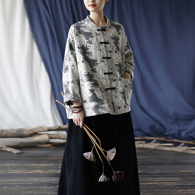 Buddha Stones Black Gray Print Frog-button Design Long Sleeve Cotton Linen Jacket Shirt With Pockets - image 35