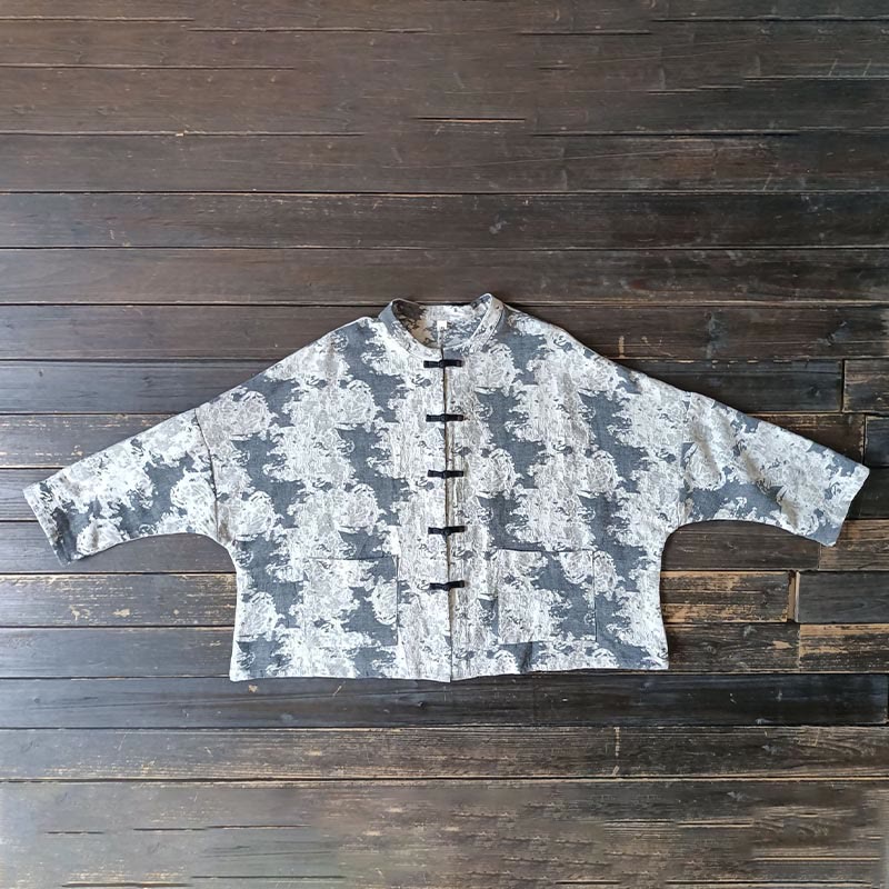 Buddha Stones Black Gray Print Frog-button Design Long Sleeve Cotton Linen Jacket Shirt With Pockets