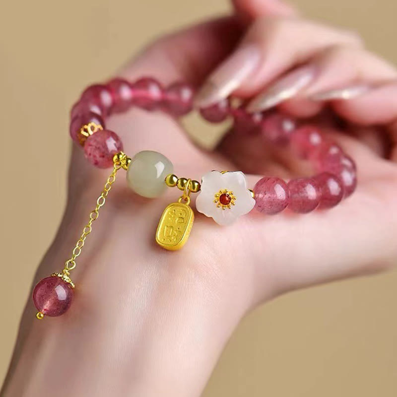 Buddha Stones Strawberry Quartz Fu Character Pink Crystal Healing Bracelet