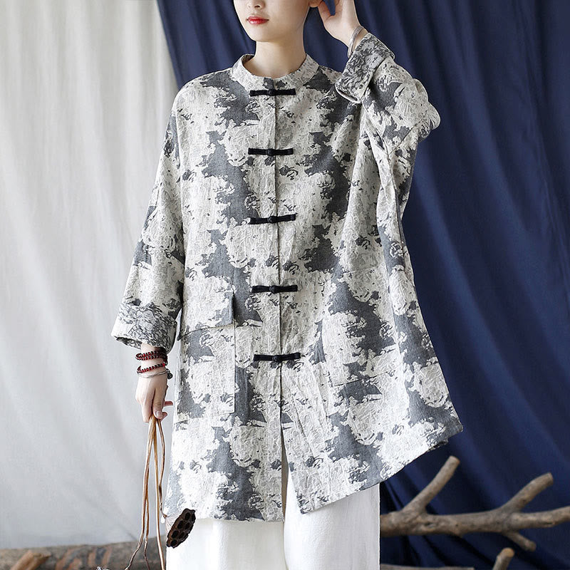 Buddha Stones Black Gray Beige Print Frog-button Design Long Sleeve Cotton Linen Jacket Shirt With Pockets