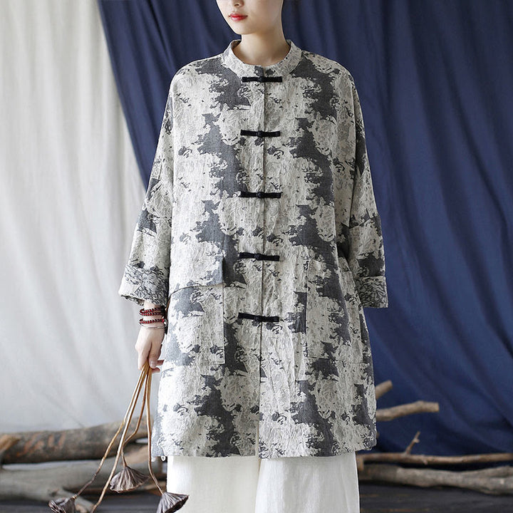 Buddha Stones Black Gray Beige Print Frog-button Design Long Sleeve Cotton Linen Jacket Shirt With Pockets