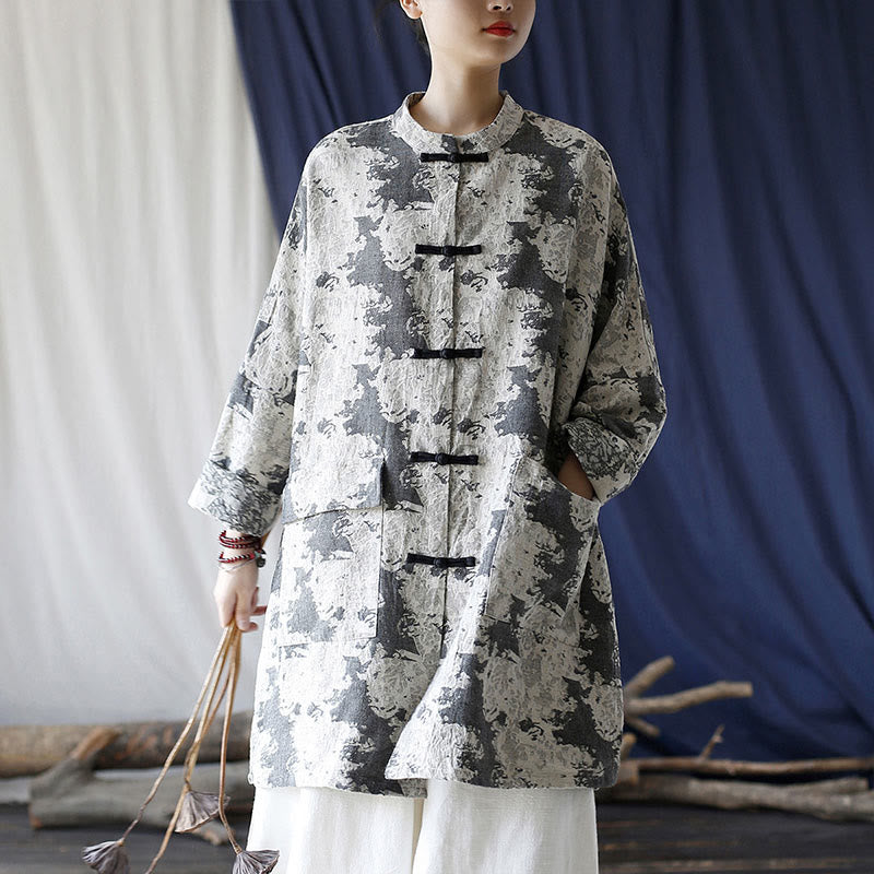 Buddha Stones Black Gray Beige Print Frog-button Design Long Sleeve Cotton Linen Jacket Shirt With Pockets