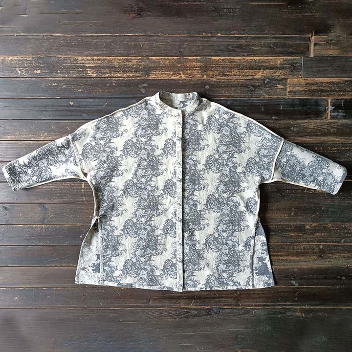 Buddha Stones Black Gray Beige Print Frog-button Design Long Sleeve Cotton Linen Jacket Shirt With Pockets