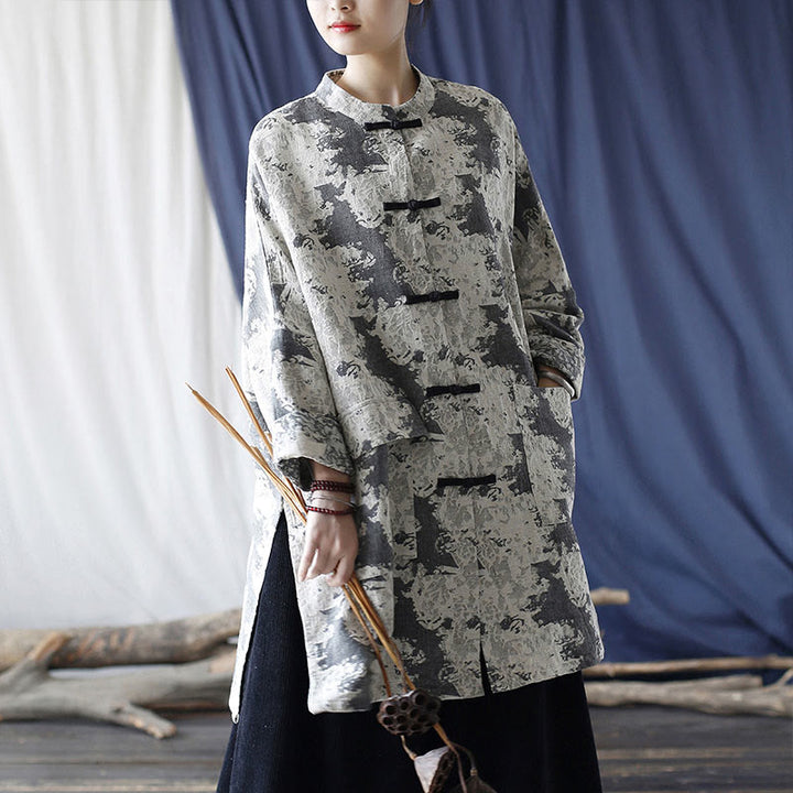 Buddha Stones Black Gray Beige Print Frog-button Design Long Sleeve Cotton Linen Jacket Shirt With Pockets