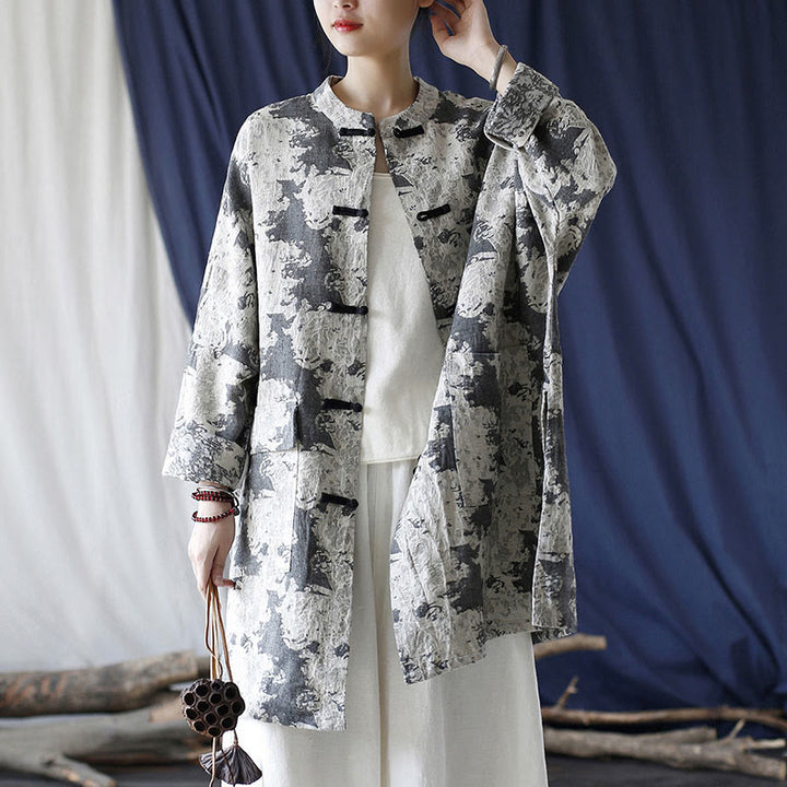 Buddha Stones Black Gray Beige Print Frog-button Design Long Sleeve Cotton Linen Jacket Shirt With Pockets