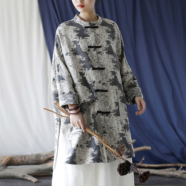 Buddha Stones Black Gray Beige Print Frog-button Design Long Sleeve Cotton Linen Jacket Shirt With Pockets