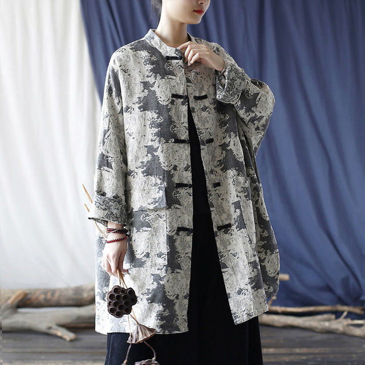 Buddha Stones Black Gray Beige Print Frog-button Design Long Sleeve Cotton Linen Jacket Shirt With Pockets