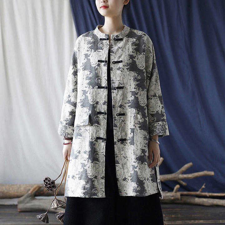 Buddha Stones Black Gray Beige Print Frog-button Design Long Sleeve Cotton Linen Jacket Shirt With Pockets