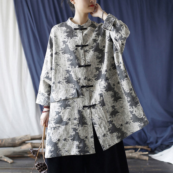 Buddha Stones Black Gray Beige Print Frog-button Design Long Sleeve Cotton Linen Jacket Shirt With Pockets