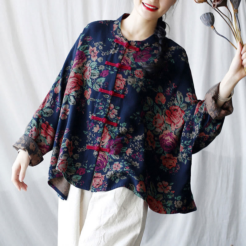 Buddha Stones Red Flowers Green Leaves Print Frog-button Design Long Sleeve Cotton Linen Jacket Shirt